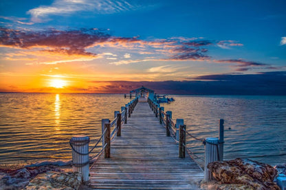 Wallpaper Murals Peel and Stick Removable Wooden Bridge Over Beach at Sunset Photograph High Quality