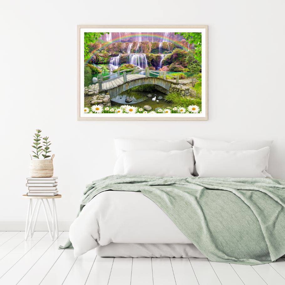 Waterfall & Bridge Digital Art Home Decor Premium Quality Poster Print Choose Your Sizes