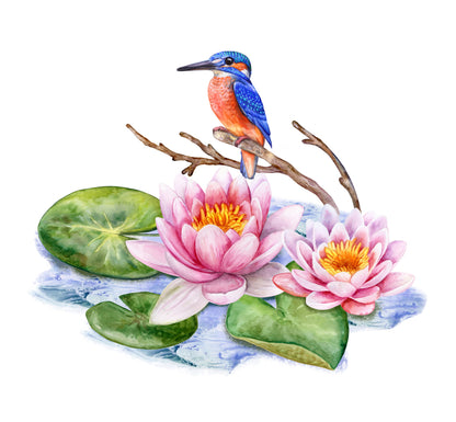 Square Canvas Kingfisher & Flower Painting High Quality Print 100% Australian Made