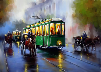 Tram in Street Oil Painting Home Decor Premium Quality Poster Print Choose Your Sizes