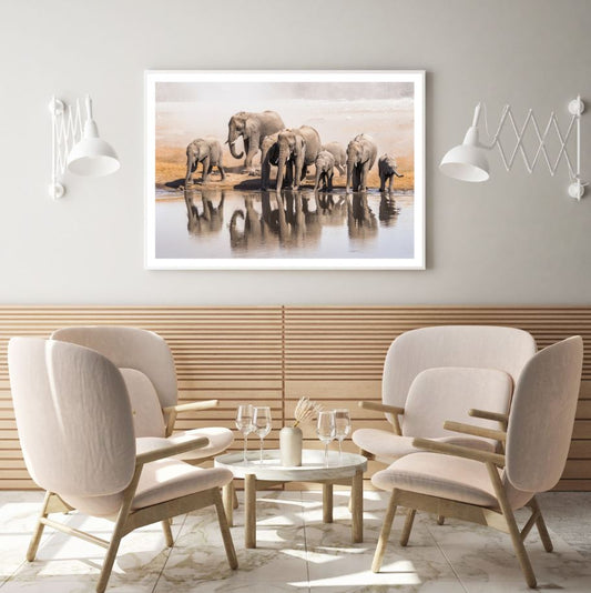 Elephants at Lake Watercolor Painting Home Decor Premium Quality Poster Print Choose Your Sizes