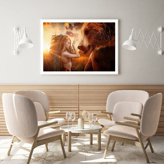 Bear & Indian Girl With Feathers Home Decor Premium Quality Poster Print Choose Your Sizes