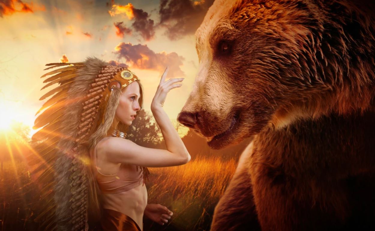 Bear & Indian Girl With Feathers Home Decor Premium Quality Poster Print Choose Your Sizes