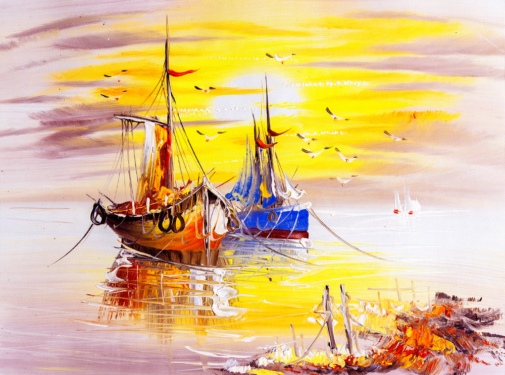 Wallpaper Murals Peel and Stick Removable Boats on Beach Painting High Quality