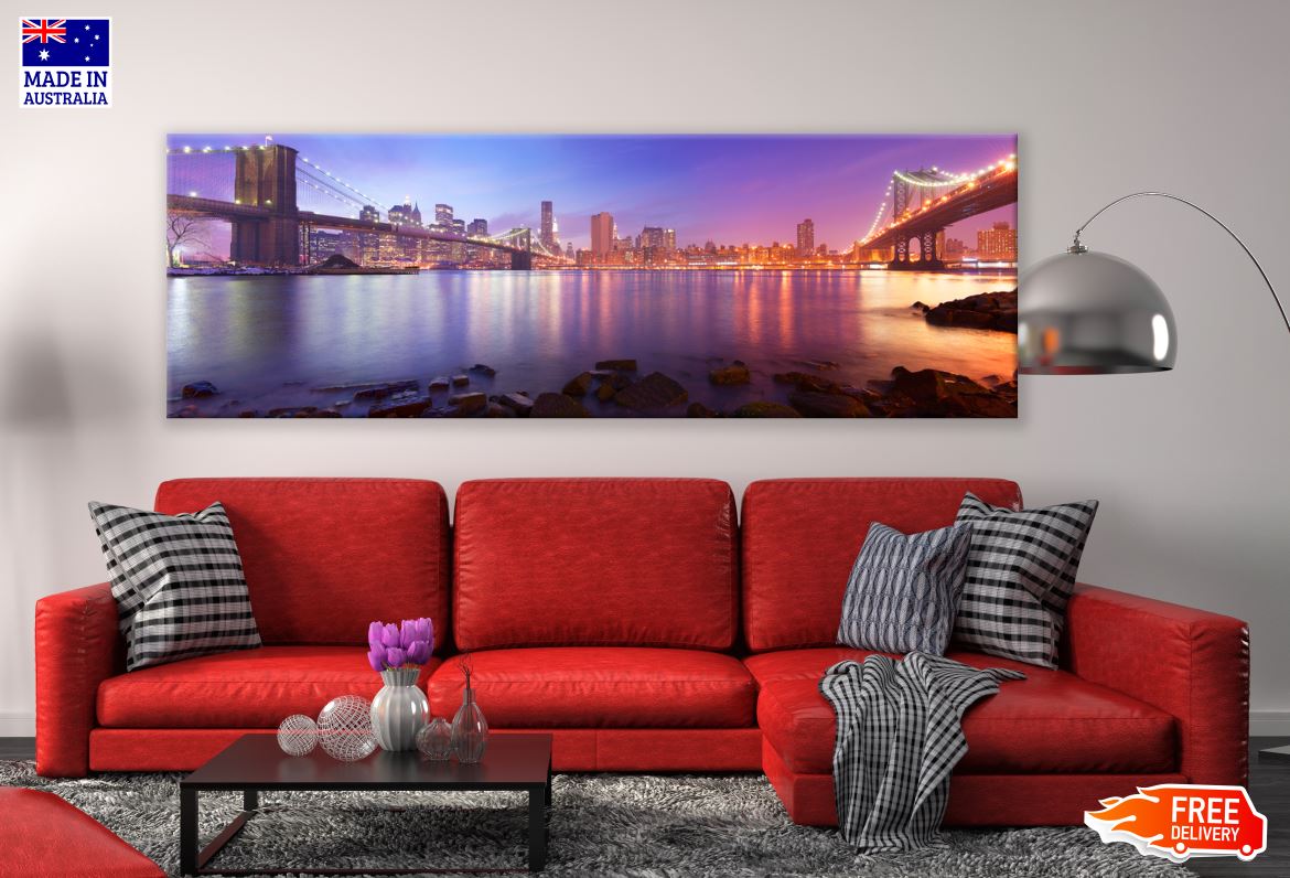 Panoramic Canvas New York City Manhattan Skyline View Brooklyn Bridge and Manhattan Bridge High Quality 100% Australian made wall Canvas Print ready to hang