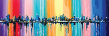 Panoramic Canvas Colourful Abstract City Landscape Painting High Quality 100% Australian made wall Canvas Print ready to hang