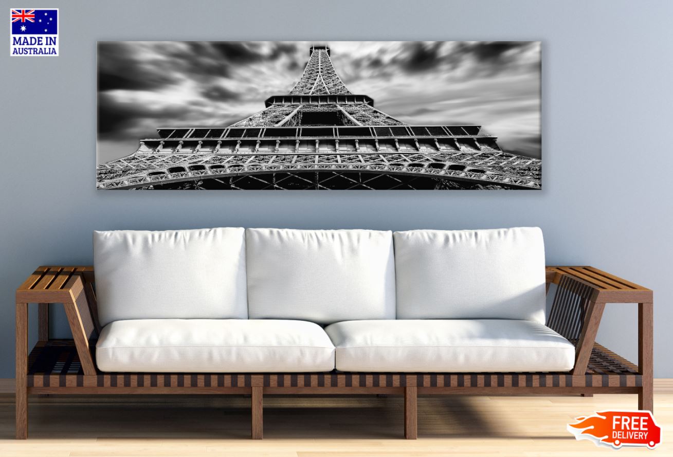 Panoramic Canvas Eiffel Tower B&W High Quality 100% Australian Made Wall Canvas Print Ready to Hang