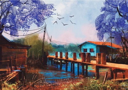 House Near River Watercolor Painting Print 100% Australian Made