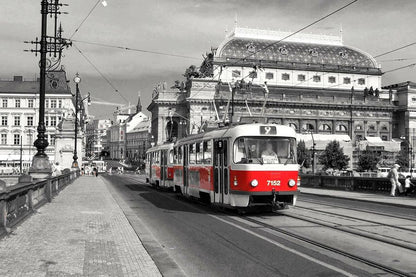 Trams in Prague City B&W Photograph Print 100% Australian Made