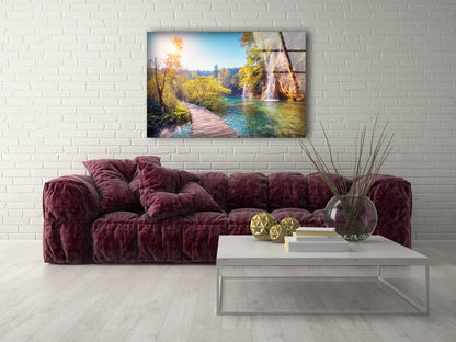 Wooden Pier Near Waterfall Photograph Acrylic Glass Print Tempered Glass Wall Art 100% Made in Australia Ready to Hang