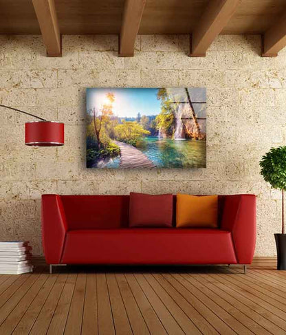 Wooden Pier Near Waterfall Photograph Acrylic Glass Print Tempered Glass Wall Art 100% Made in Australia Ready to Hang