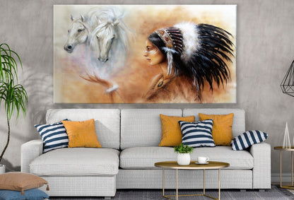 Native Headdress Girl & White Horses Painting Print 100% Australian Made