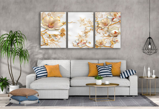 3 Set of White & Gold Floral 3D Design High Quality Print 100% Australian Made Wall Canvas Ready to Hang