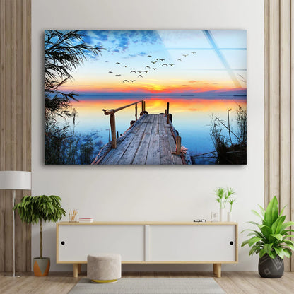 Wooden Pier Over Lake Sunset Photograph Acrylic Glass Print Tempered Glass Wall Art 100% Made in Australia Ready to Hang