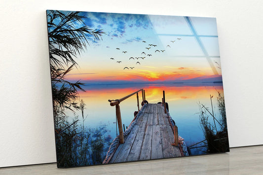 Wooden Pier Over Lake Sunset Photograph Acrylic Glass Print Tempered Glass Wall Art 100% Made in Australia Ready to Hang