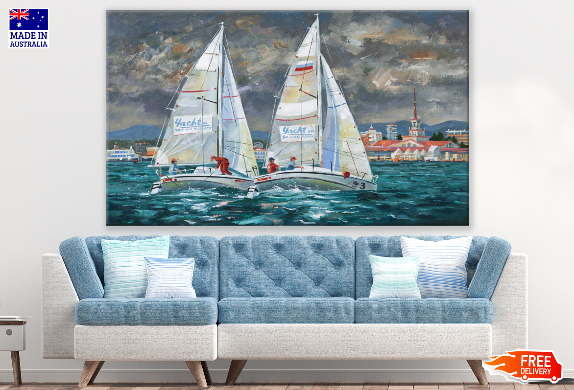 Yatch Boats Sailing in Sea Painting Print 100% Australian Made