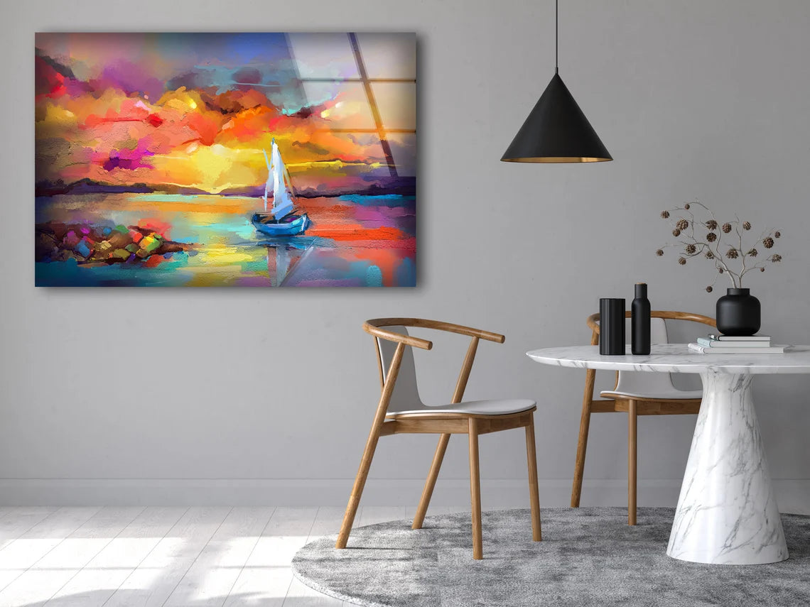 Boat on Sea Watercolor Painting Acrylic Glass Print Tempered Glass Wall Art 100% Made in Australia Ready to Hang