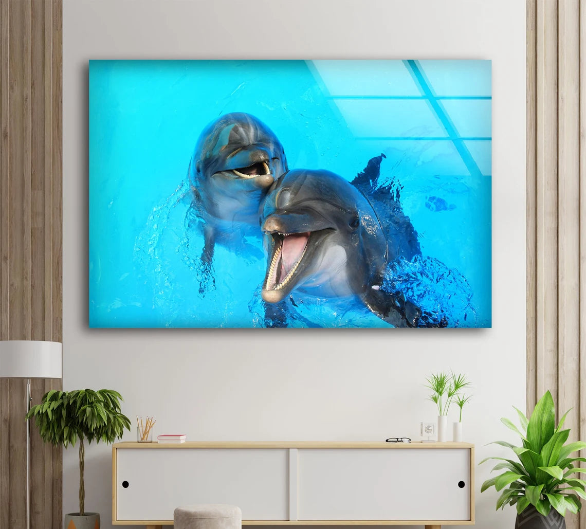 Dolphins in Water Photograph Acrylic Glass Print Tempered Glass Wall Art 100% Made in Australia Ready to Hang