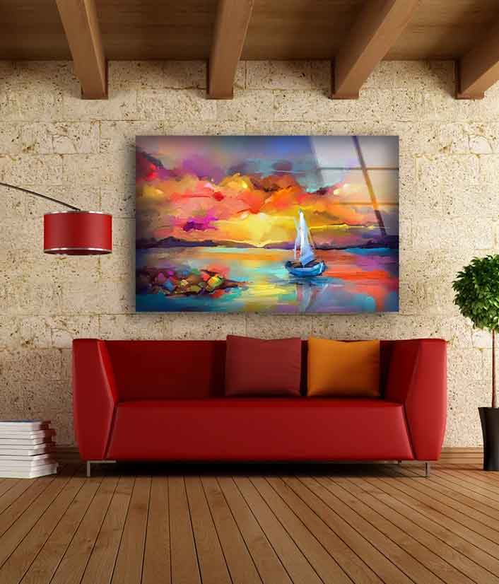 Boat on Sea Watercolor Painting Acrylic Glass Print Tempered Glass Wall Art 100% Made in Australia Ready to Hang