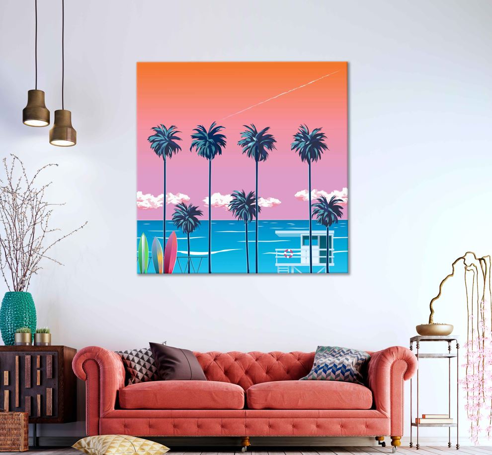 Square Canvas Sunset Sea Palm Trees Vector Art High Quality Print 100% Australian Made