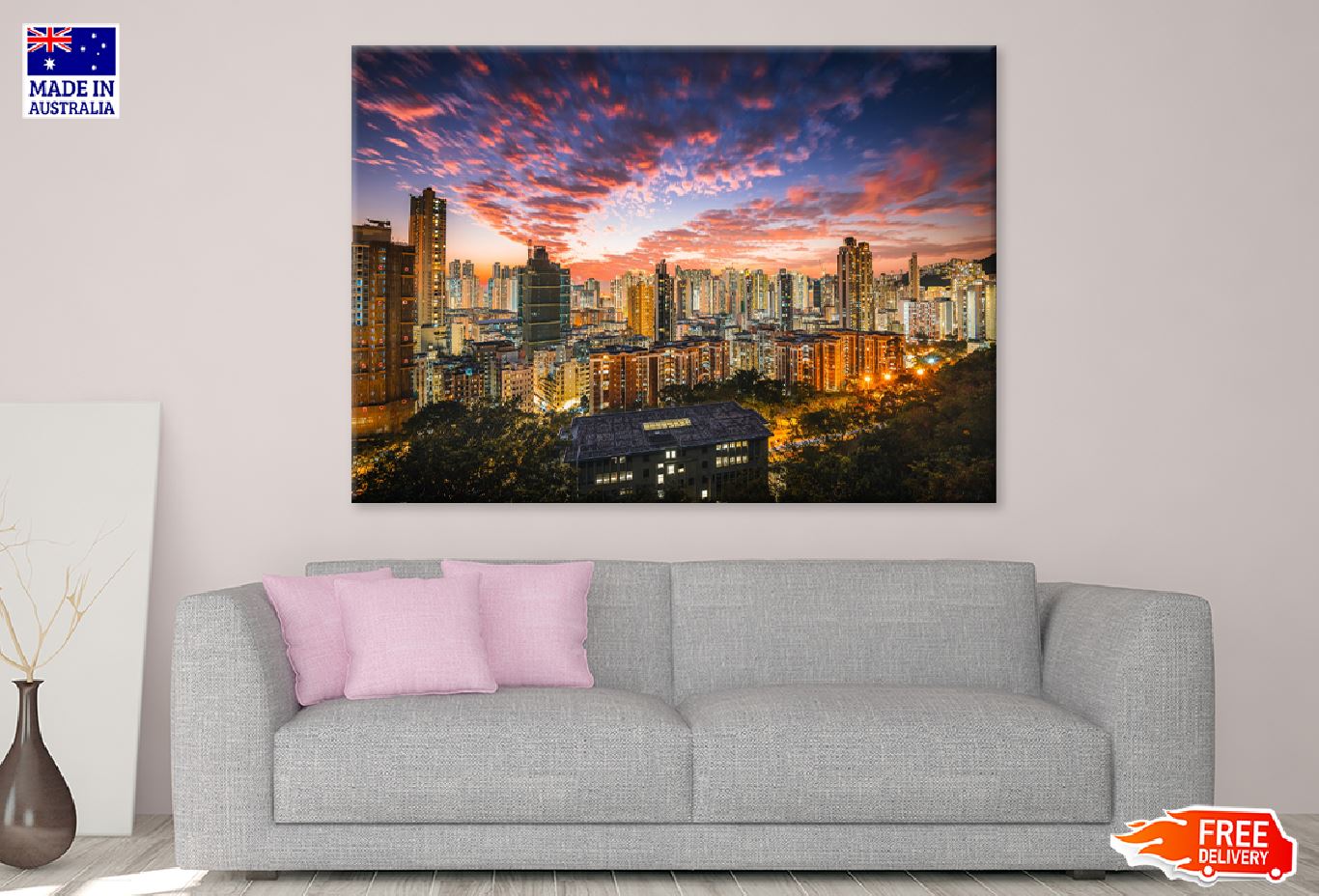 City Skyline with Pink Cloud Sky View Photograph Print 100% Australian Made