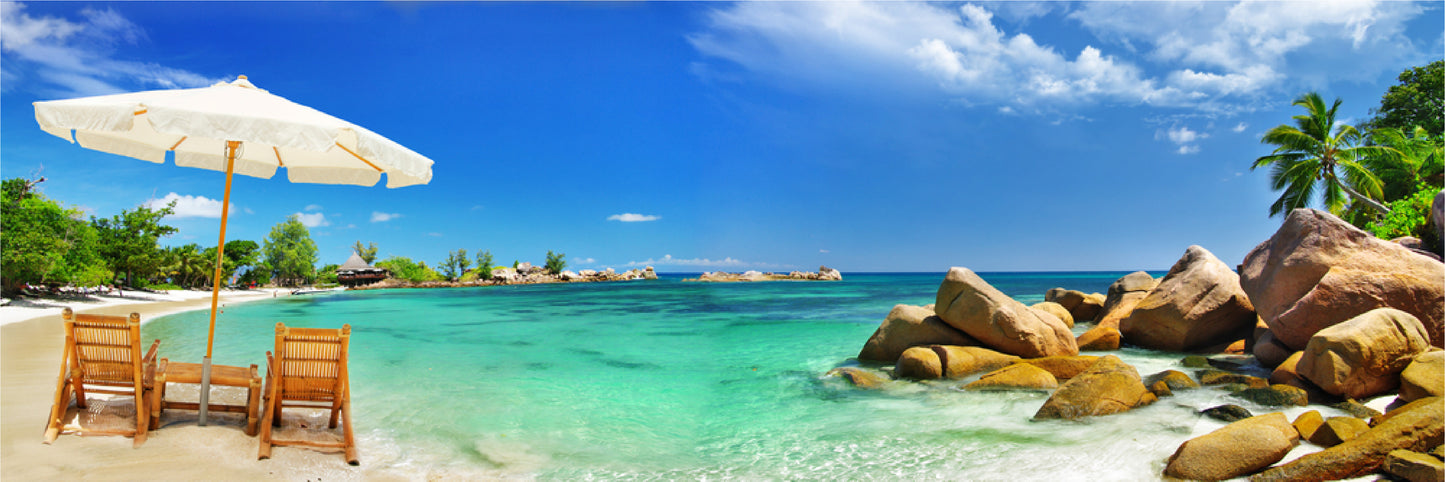 Panoramic Canvas Stunning Beach View with Summer Hut Photograph High Quality 100% Australian made wall Canvas Print ready to hang