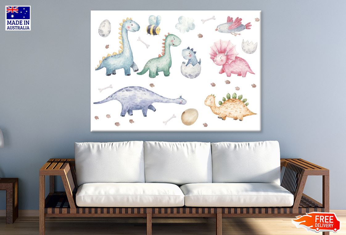 Colorful Dinosaurs Watercolor Painting Nursery & Kids Print 100% Australian Made