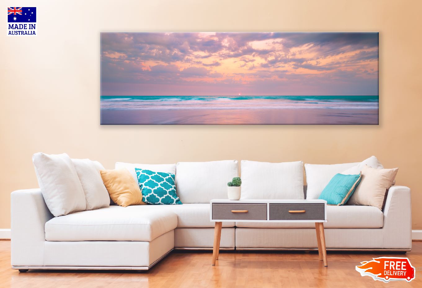 Panoramic Canvas Pink Sea & Sky View Photograph High Quality 100% Australian Made Wall Canvas Print Ready to Hang