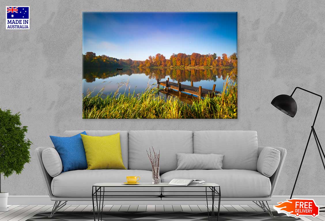 Boat on Autumn English Lake Scenery View Print 100% Australian Made