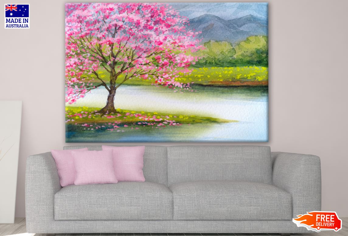 Blossom Tree near Lake Watercolor Painting Print 100% Australian Made