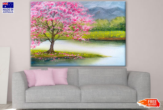 Blossom Tree near Lake Watercolor Painting Print 100% Australian Made