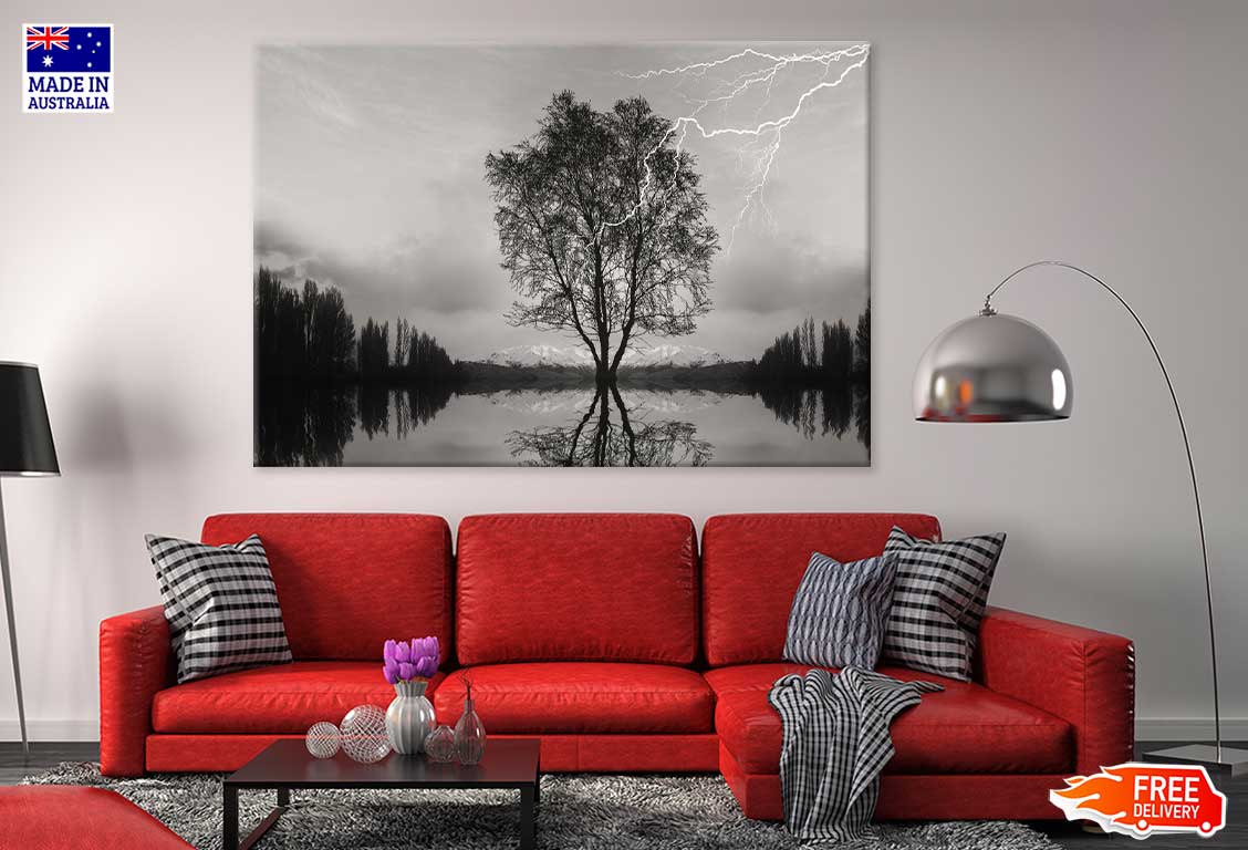 Tree on Lake & Thunderstorm B&W View Photograph Print 100% Australian Made