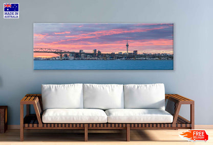 Panoramic Canvas City of Auckland With Pink Sky High Quality 100% Australian Made Wall Canvas Print Ready to Hang