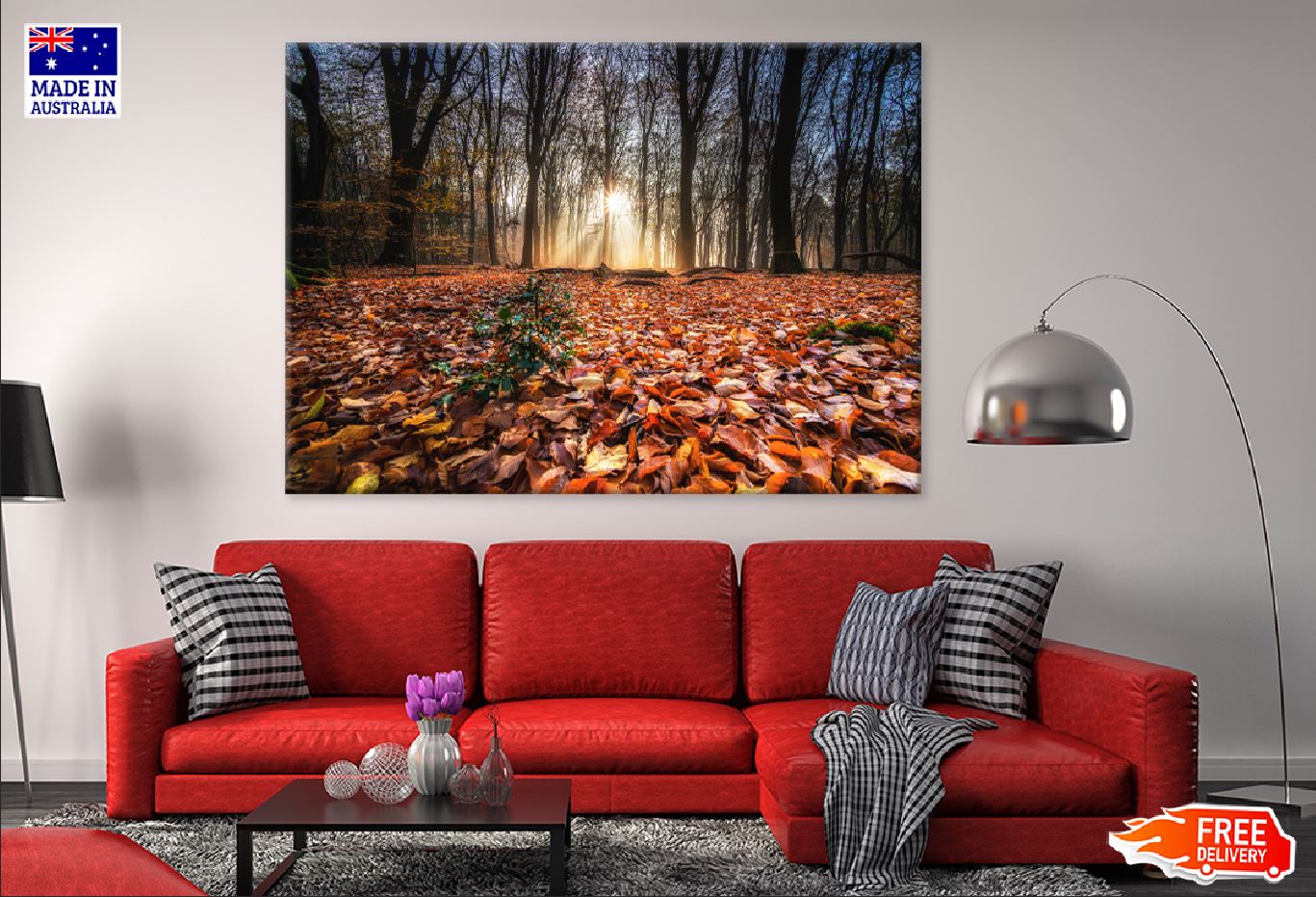 Red Autumn Leaves Forest View Photograph Print 100% Australian Made