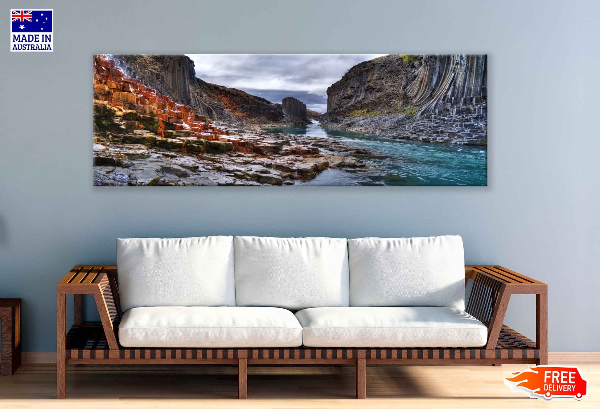 Panoramic Canvas Studlagil Basalt Scenery Photograph High Quality 100% Australian Made Wall Canvas Print Ready to Hang