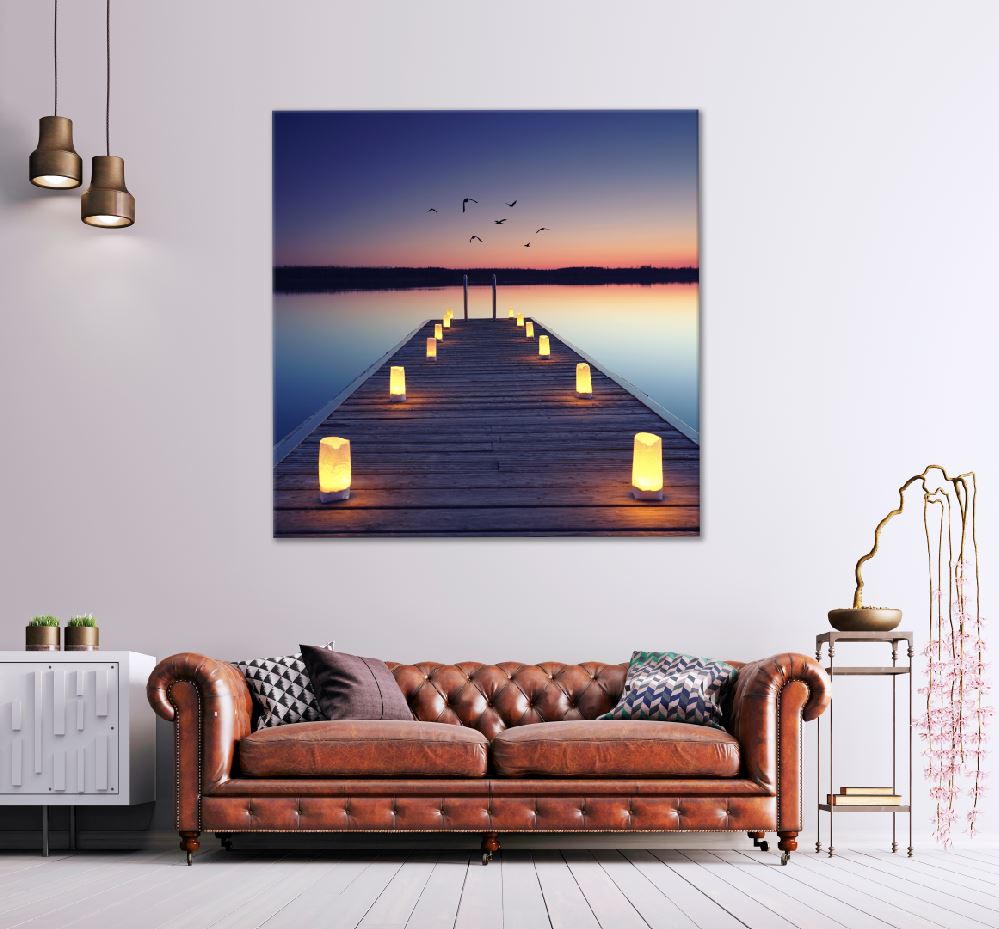 Square Canvas Wooden Jetty at Beach Sunset View Photograph High Quality Print 100% Australian Made