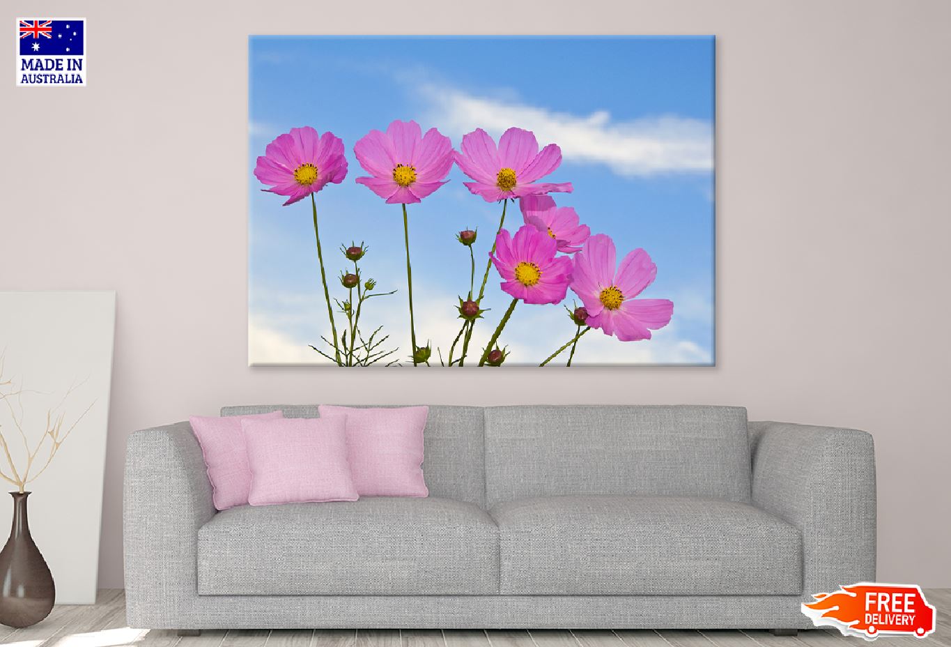 Pink Cosmos Flowers Blue Sky View Photograph Print 100% Australian Made