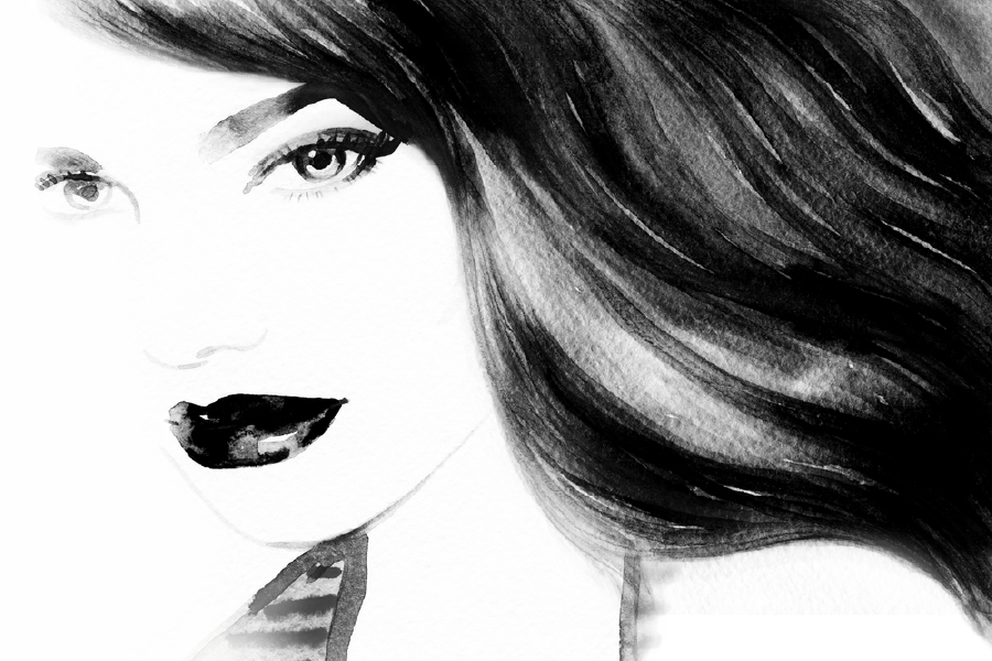 Young Girl Face Closeup B&W Watercolor Painting Print 100% Australian Made