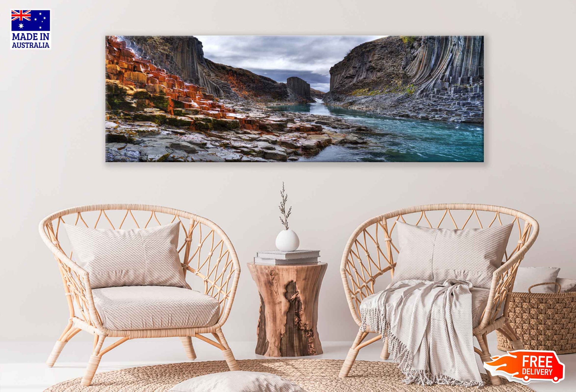 Panoramic Canvas Studlagil Basalt Scenery Photograph High Quality 100% Australian Made Wall Canvas Print Ready to Hang