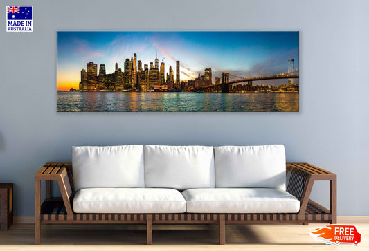 Panoramic Canvas Manhattan City Night View Photograph High Quality 100% Australian Made Wall Canvas Print Ready to Hang