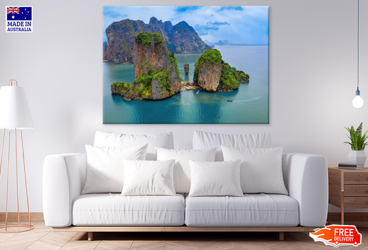 Plants With Rocks & Boat On Sea Aerial View Print 100% Australian Made