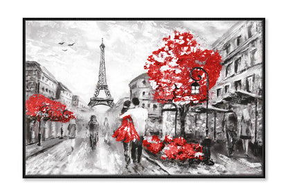 Eiffel Tower & Red Trees with Couple Watercolor Painting Wall Art Limited Edition High Quality Print Canvas Box Framed Black