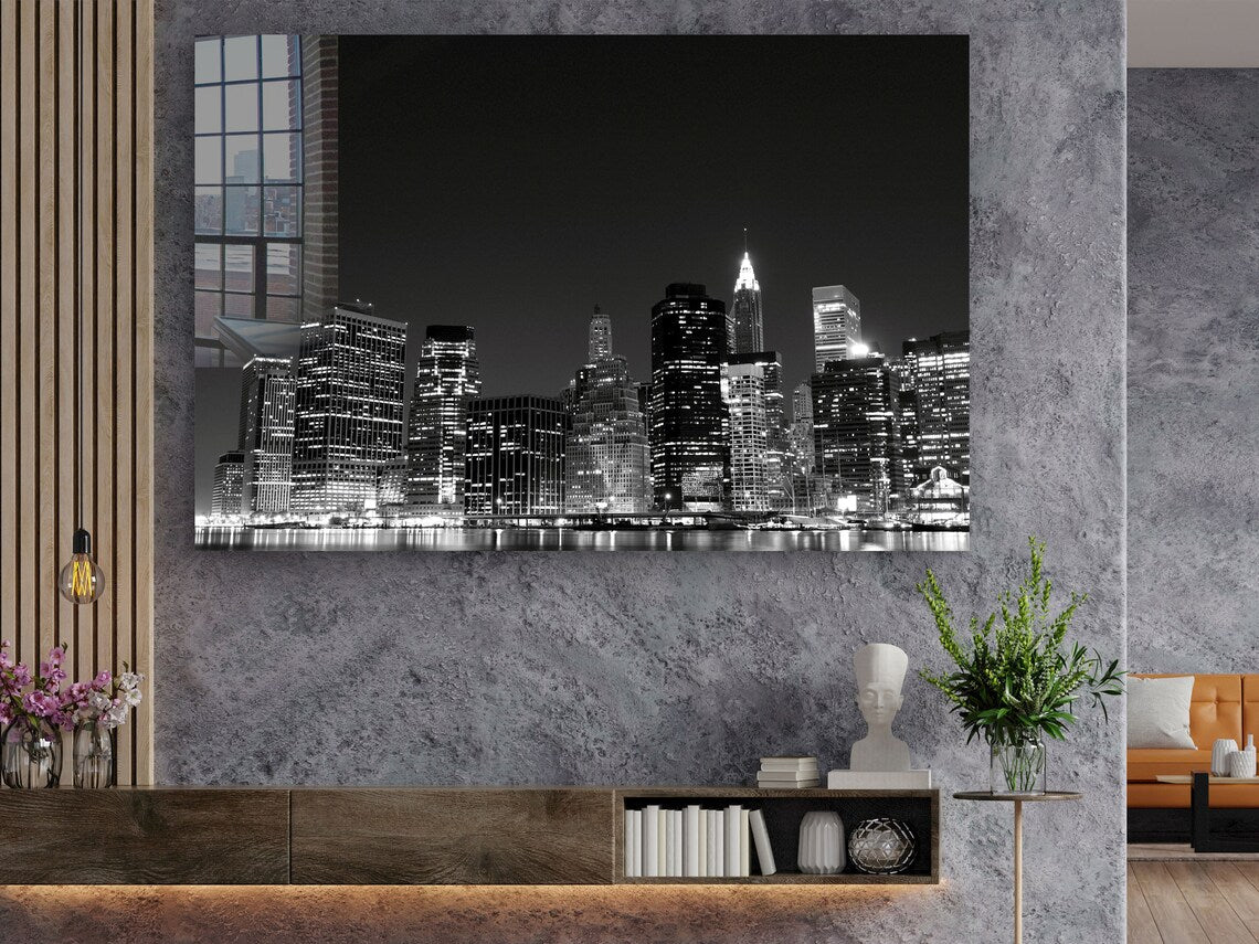 B&W Night Cityscape Print Tempered Glass Wall Art 100% Made in Australia Ready to Hang