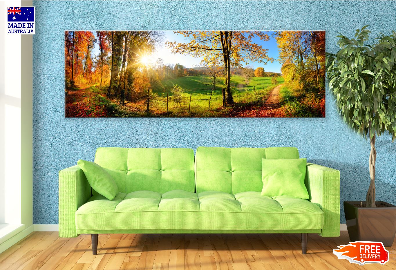 Panoramic Canvas Autumn Trees Pathway Scenery High Quality 100% Australian Made Wall Canvas Print Ready to Hang
