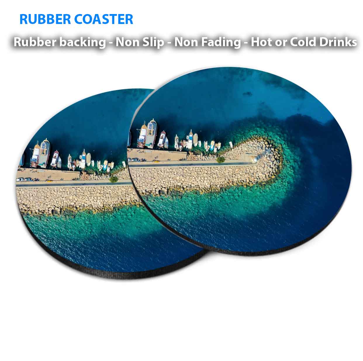 Boats on Island Calm Sea Aerial View Coasters Wood & Rubber - Set of 6 Coasters