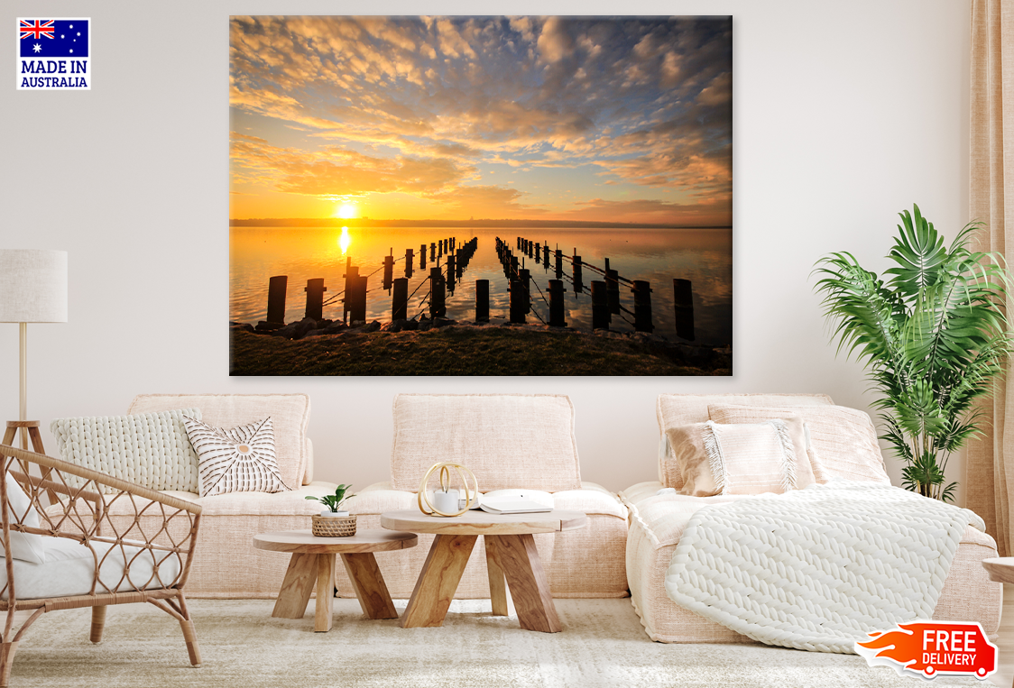 Wooden Pier On Sea Sunset View Print 100% Australian Made