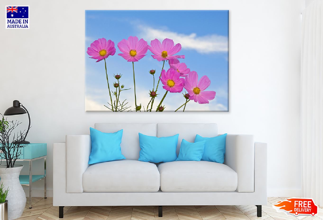 Pink Cosmos Flowers Blue Sky View Photograph Print 100% Australian Made