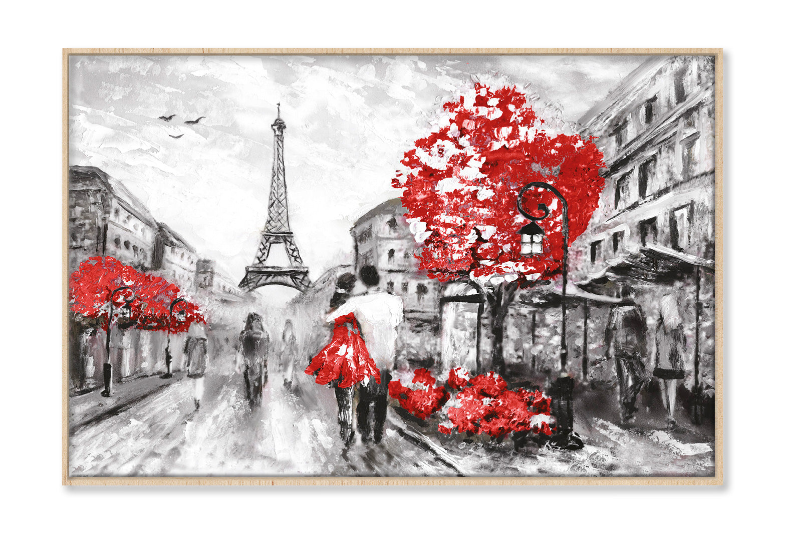 Eiffel Tower & Red Trees with Couple Watercolor Painting Wall Art Limited Edition High Quality Print Canvas Box Framed Natural