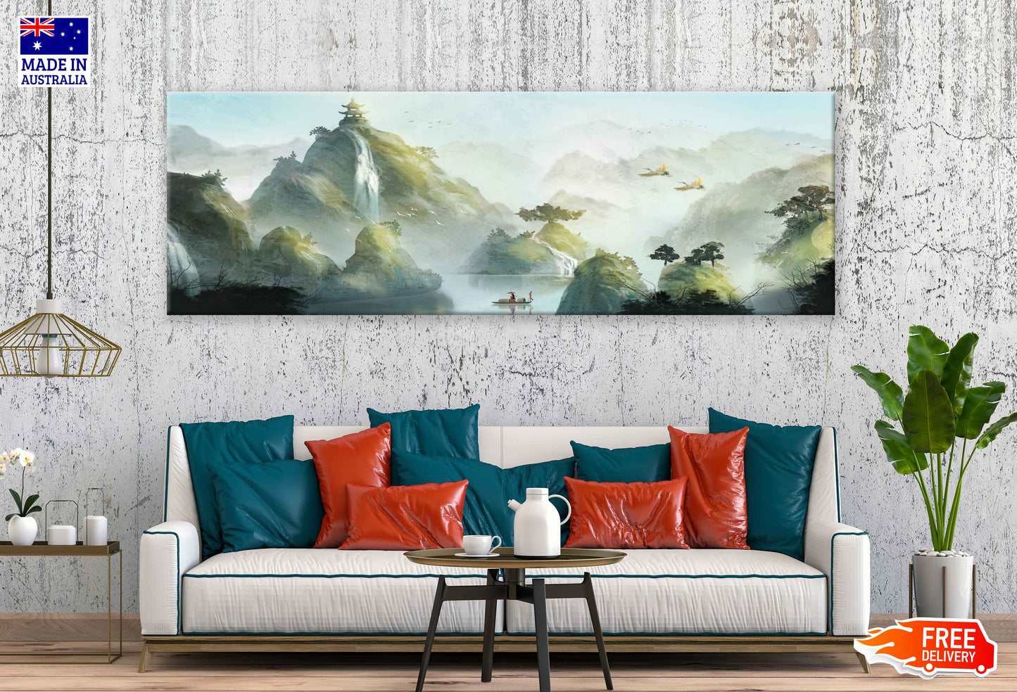 Panoramic Canvas Mountains & Lake Watercolor Painting High Quality 100% Australian Made Wall Canvas Print Ready to Hang