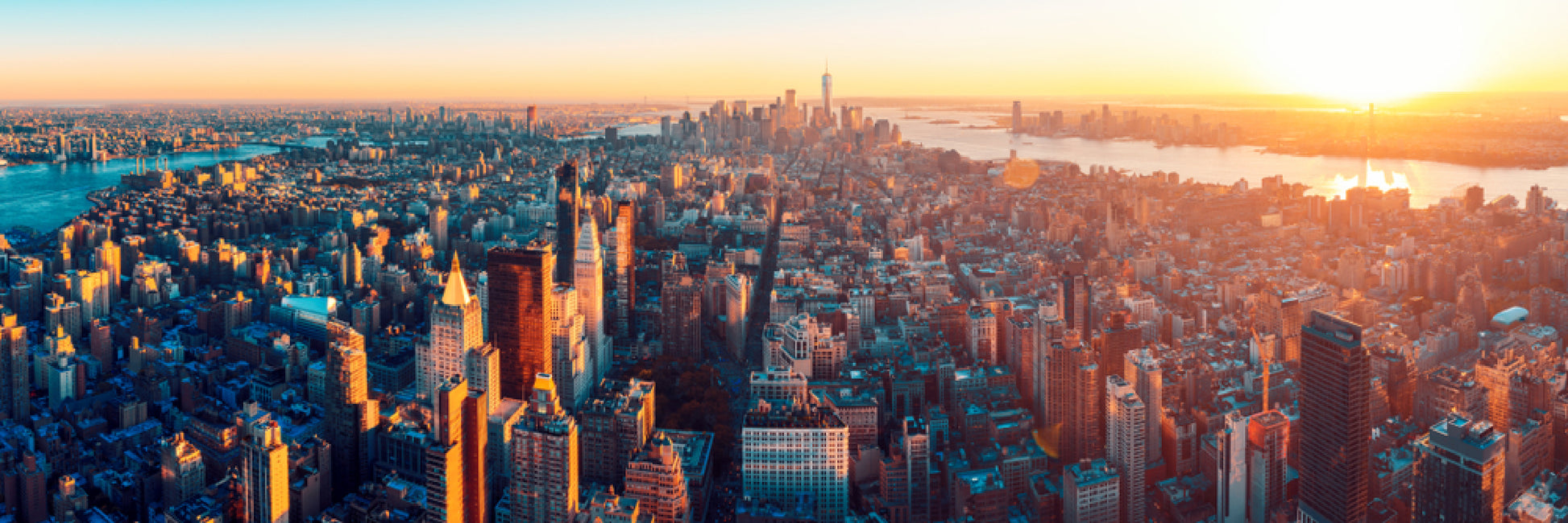 Panoramic Canvas Manhattan City Aerial Sunset Photograph High Quality 100% Australian Made Wall Canvas Print Ready to Hang